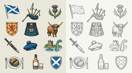 A collection of iconic Scottish symbols presented in both color and monochrome illustrations, featuring national emblems and cultural representations. © renender