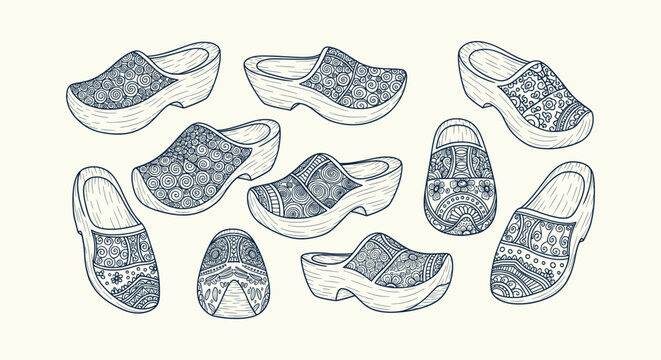Hand-drawn collection of traditional wooden clogs with intricate floral patterns and swirl designs