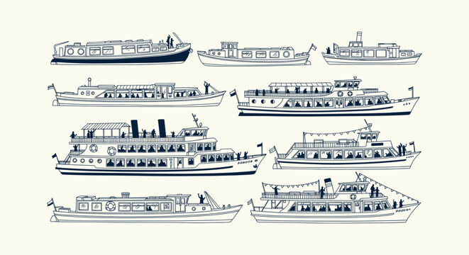 Set of vintage canal boat illustrations and river cruise ship silhouettes for travel design concepts