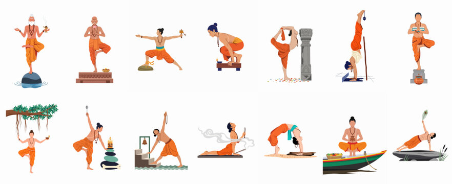 Collection of Indian monks and sadhus performing diverse yoga poses and spiritual rituals in traditional saffron robes, flat vector illustration set.