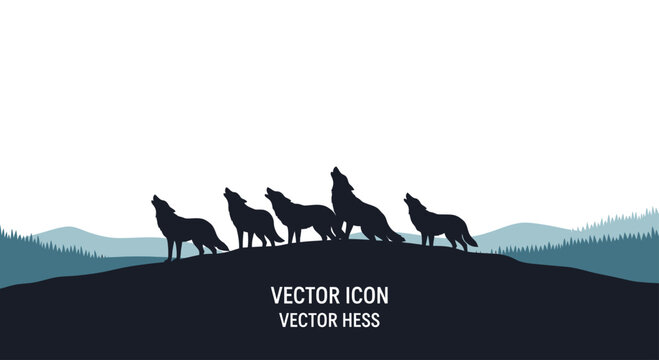 Silhouettes of five wolves howling on a dark hill with distant blue trees