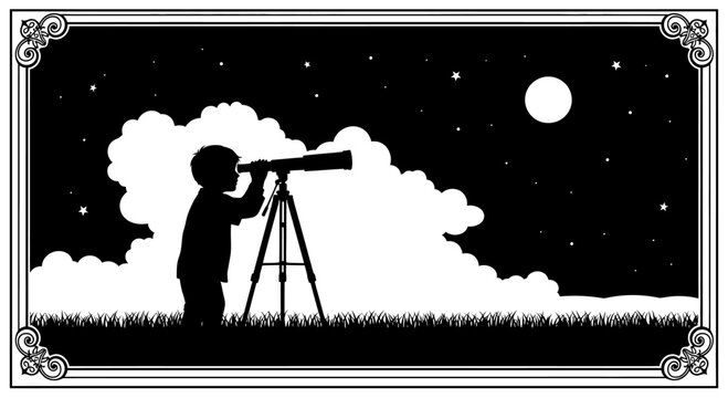 Young stargazer silhouetted against a starry night, gazing through a telescope
