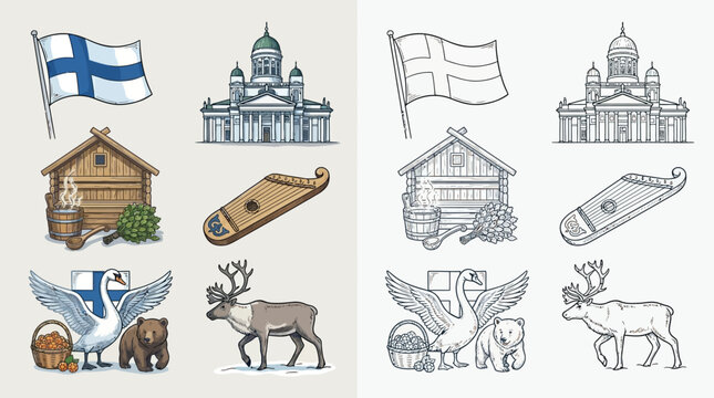 Collection of Finnish cultural symbols including the national flag, Helsinki Cathedral, sauna, kantele, swan, bear, and reindeer.