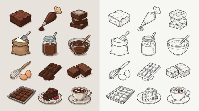 Collection of isometric illustrations depicting ingredients and finished products related to baking brownies and hot chocolate.