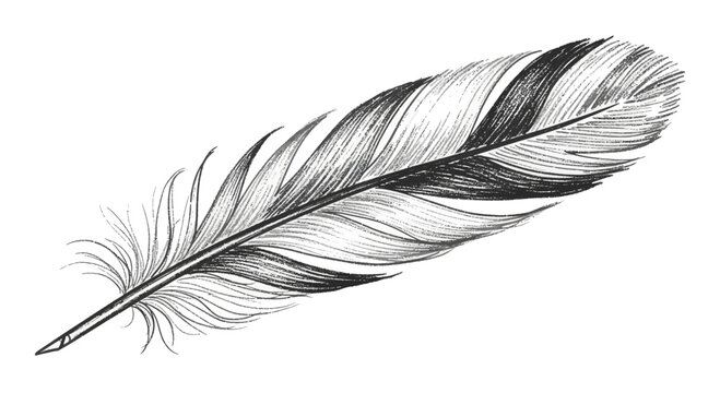 Delicate, grayscale sketched feather with textured barbules and a pointed quill