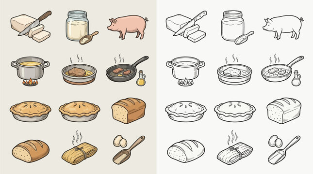 A collection of isometric illustrations depicting various food items and ingredients, including butter, milk, a pig, pies, bread, and cooked meals, presented in both color and monochrome versions.