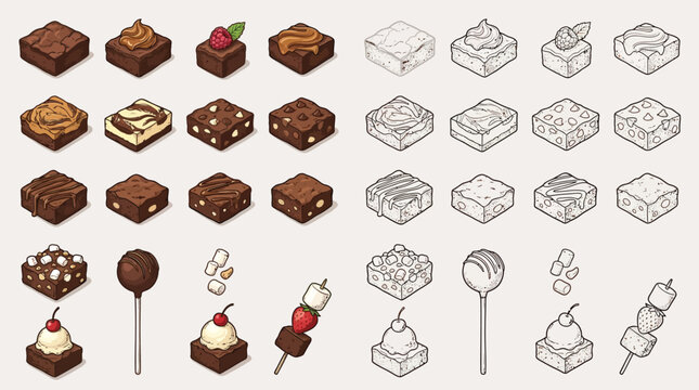 Isometric illustrations of various chocolate brownies, cake pops, and dessert skewers, presented in both colored and outline versions.
