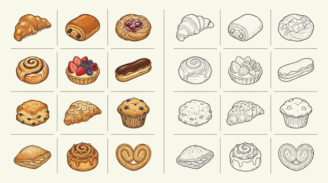 A collection of colorful and black and white illustrations of various pastries and baked goods, including croissants, pain au chocolat, danishes, muffins, and more.