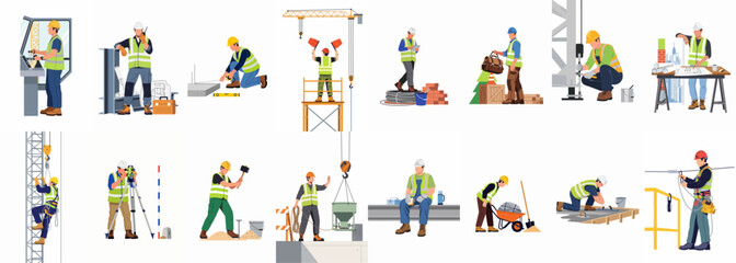 Fototapeta premium Collection of construction workers and professionals in safety gear performing various tasks at a building site, isolated on a white background.