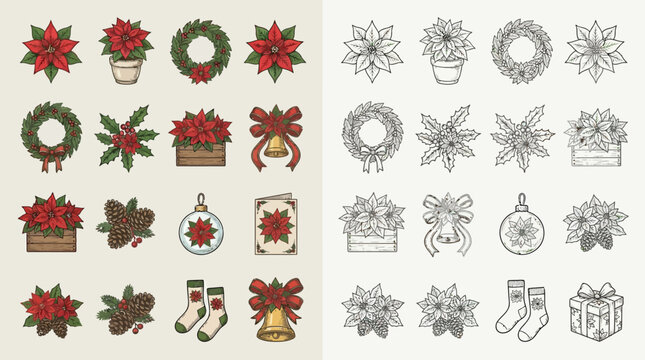 Collection of Christmas-themed illustrations featuring poinsettias, wreaths, ornaments, and gift boxes in both color and monochrome styles.