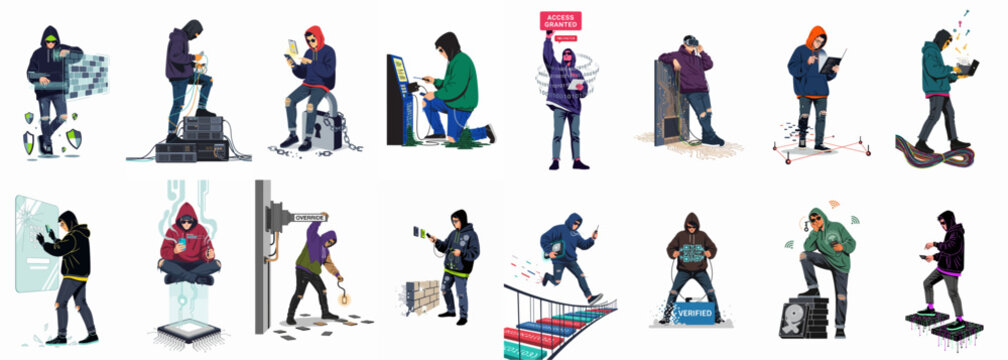 A diverse collection of hacker character illustrations engaged in cybercrime activities like data theft, server hacking, and digital security breaches in a modern style.