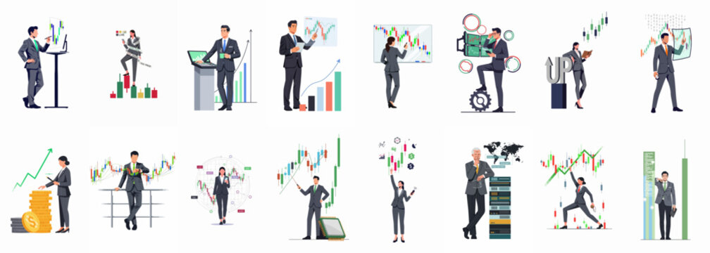 Business People and Traders Analyzing Financial Data and Stock Market Trends with Charts and Graphs Illustrations