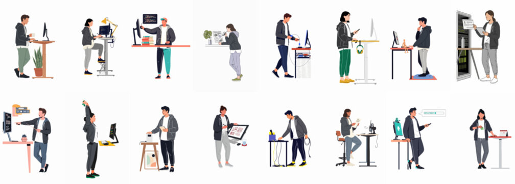 Diverse collection of tech professionals, developers, and designers working in a modern office environment with standing desks, illustrated in a flat vector style.