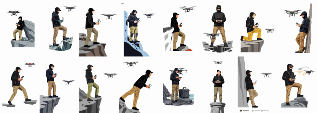 Illustration collection of a man in outdoor tactical clothing operating a drone while standing on various mountain cliffs and rocky terrain.