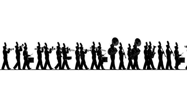 Silhouette of a marching band with brass instruments, woodwinds, and percussion