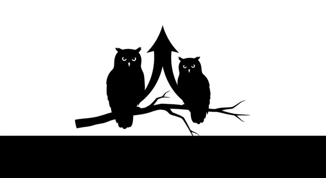 Two black owls perched on a branch with an upward arrow symbol