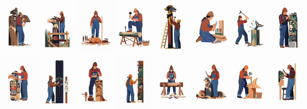 Illustrations of Indigenous artists carving traditional totem poles and wooden sculptures with various tools on a white background.