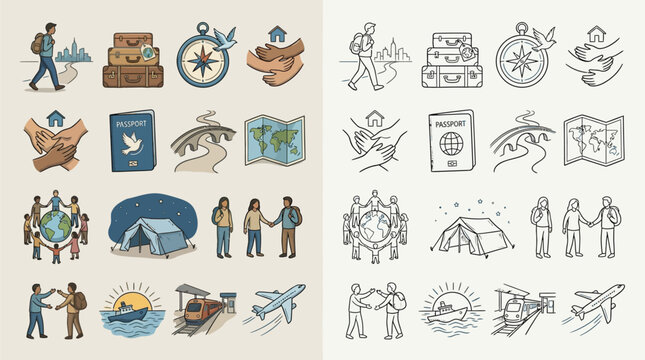 Collection of hand-drawn icons representing various aspects of travel and human connection, including luggage, maps, compasses, and people interacting.