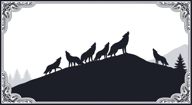 Silhouetted wolves howl on a hill under decorative border