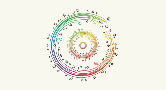 Swirling rainbow spiral with scattered playful black doodles on off-white background