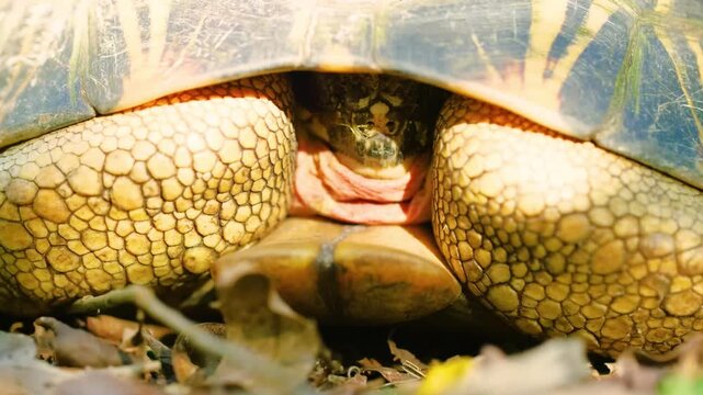 Extreme close up of a Radiated Tortoise (Astrochelys radiata) hidden in its shell. Madagascar Island.