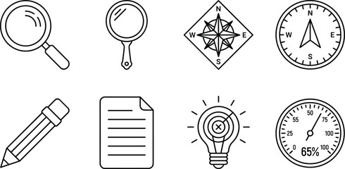 Exploration creativity and measurement icons collection, magnifying glass compass pencil paper light bulb gauge vector illustration - black and white flat vector illustration © MD Tariful islam