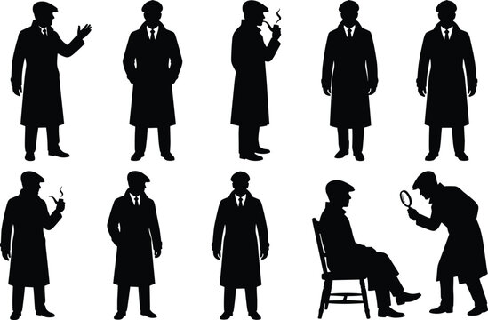 Detective silhouette flat vector illustration featuring classic investigator poses with magnifying glass, pipe, and trench coat, mystery design art, black-and-white drawing