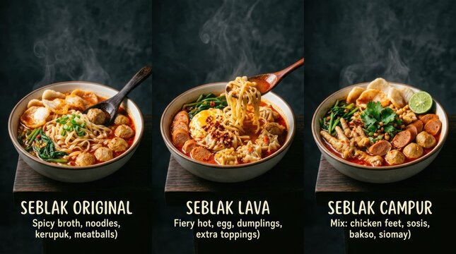 Delicious Indonesian Seblak Dishes with Various Toppings and Flavors.