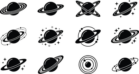 Ringed planet silhouette flat vector illustration featuring twelve stylized Saturn-inspired icons, astronomy design art, cosmic space graphic, black-and-white drawing © MD Tariful islam