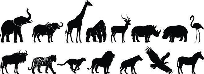 Wildlife animal silhouettes collection, elephant lion tiger giraffe zebra eagle vector illustration, biodiversity nature artwork design graphic - black and white flat vector illustration © MD Tariful islam