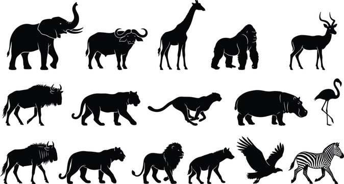 African wildlife silhouettes collection, elephant lion zebra giraffe antelope bird vector illustration, savanna biodiversity artwork design graphic - black and white flat vector illustration