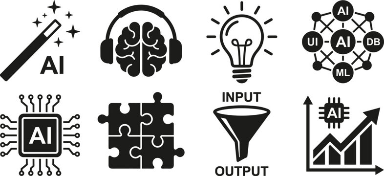 Artificial intelligence icons collection, AI machine learning innovation data processing vector illustration, technology automation artwork design graphic - black and white flat vector illustration