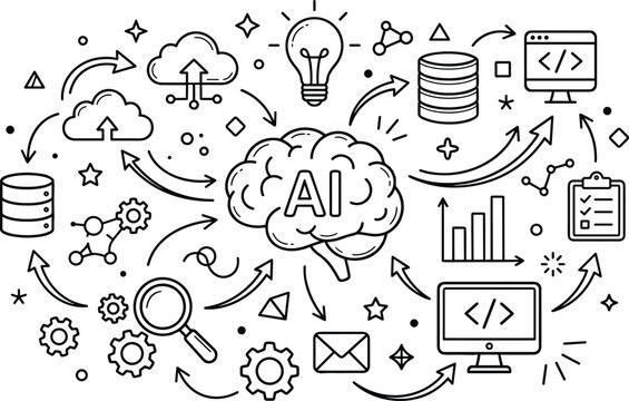 Artificial intelligence system illustration, AI brain data flow cloud database gear chart vector artwork, technology automation design graphic - flat vector illustration