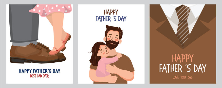 set of Happy Father&rsquo;s Day greeting card ,with cute father hugging children. used fot poster, postcard, banner. Warm family love illustration in flat cartoon style vector design.
