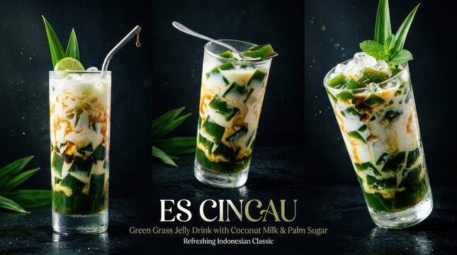 Refreshing Indonesian Cincau Drink with Coconut Milk and Palm Sugar.