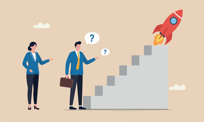 Obraz premium Employee or new big red rocket opportunity, career development concept, supportive businesswoman manager encourage employee to step on stair to success.