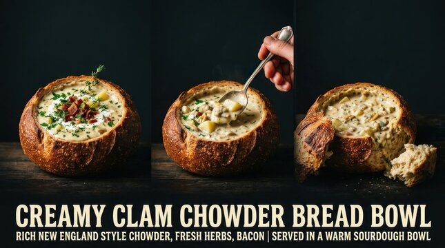 Delicious Creamy Clam Chowder Served in Fresh Bread Bowls.