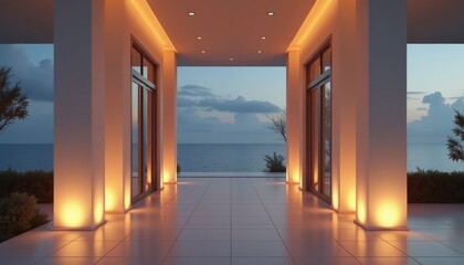 Fototapeta premium Modern open corridor with ocean view and copy space