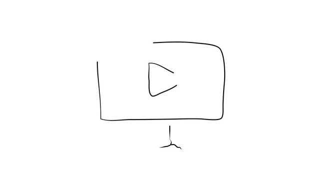 Online, video player, viewing, monitor. Continuous line. Isolated on white. Video 4k object illustration self-drawing. Object construction. Minimalist continuous line drawing silhouette on a white bac
