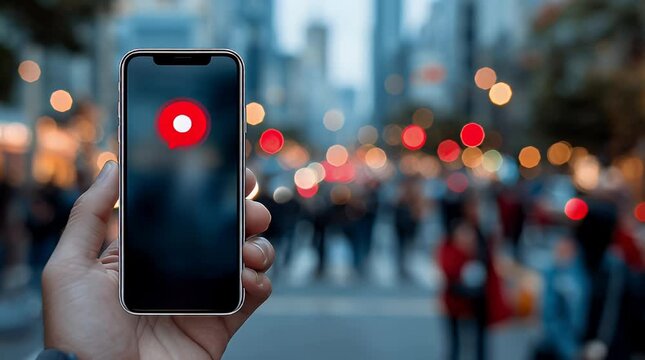Hand holding a smartphone recording video of blurred city street scene at night capturing social media content and live streaming moments for online platforms