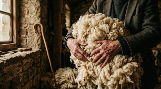 Man holding a large pile of raw wool in a rustic setting.