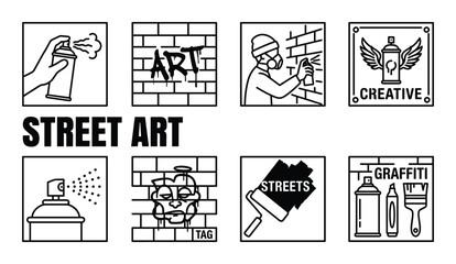 Fototapeta premium Street art icons spray paint brick wall artist graffiti tags creative symbol collection flat design outline.
