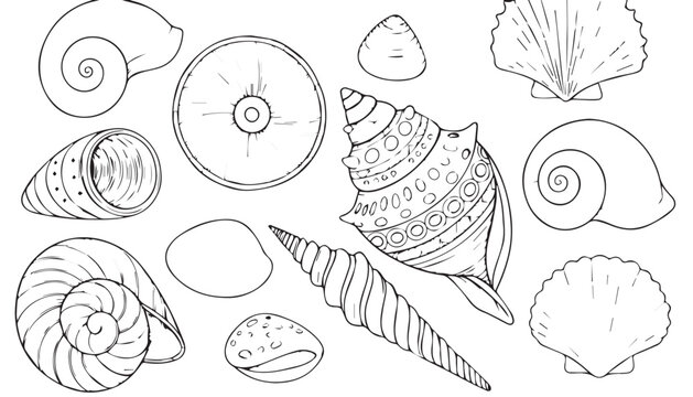 Collection of hand-drawn black and white seashell illustrations on a white background with bottom dweller line art single object seashell patterns