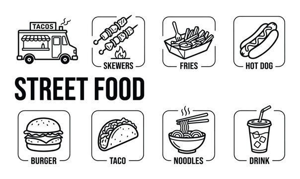Street food icons truck skewers fries hot dog burger taco noodles drink collection flat design outline.
