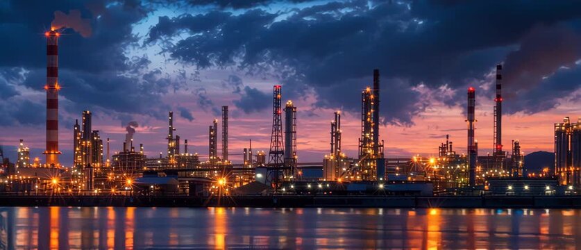 Industrial oil refinery at dusk with illuminated chimneys and dramatic sky