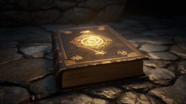 Ancient mystical book with glowing ornate cover resting on stone, evoking a sense of mystery and magic