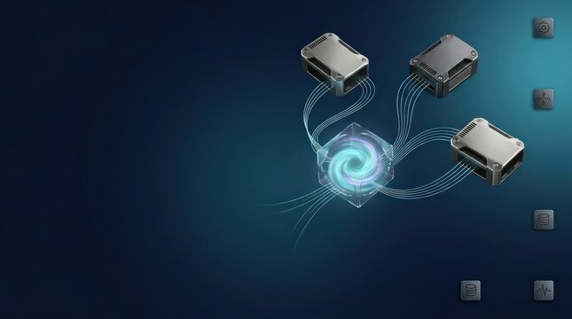 Metallic data orchestration hub with glowing network modules, transparent vortex core, dark blue technology background and wide copy space