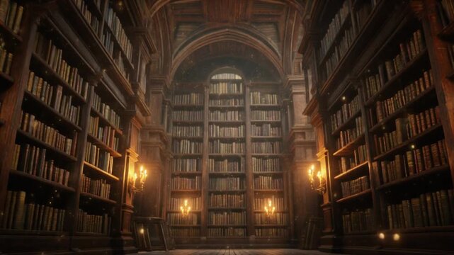 Grand ancient library interior with towering bookshelves, a majestic vaulted ceiling, and glowing sconces, evoking timeless knowledge