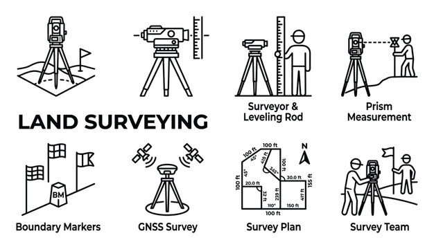 Land surveying equipment and tools collection vector icons for geographical land mapping.