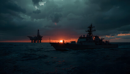 Obraz premium Navy Ship Patrols Ocean at Sunset